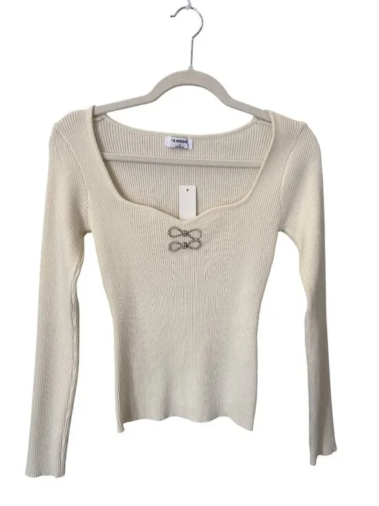 The Workshop Top Size Medium Ribbed Long Sleeve Crystal Bow Embellished Cozy NEW - Picture 2 of 10